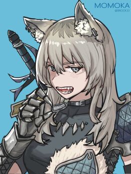 Rule 34 | 1girl, 33brook33, animal ear fluff, animal ear piercing, animal ears, blue background, breasts, chinese commentary, commentary request, girls band cry, girls band cry rpg, grey eyes, grey hair, highres, implied yuri, kawaragi momoka, long hair, medium breasts, multicolored hair, roots (hair), simple background, solo, wolf ears, wolf girl