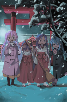 >_< 4girls absurdres ahoge black_coat blue_hair bow closed_eyes coat commentary_request crinoids duffel_coat bad_tag glasses hair_bow highres hiiragi_kagami hiiragi_tsukasa izumi_konata japanese_clothes long_hair lucky_star miko mittens multiple_girls pink_coat pink_hair pink_mittens purple_eyes purple_hair red_bow round_eyewear short_hair siblings sisters snow takara_miyuki torii twins twintails winter