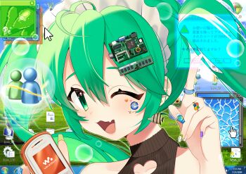 1girl 2000s_(style) ahoge aqua_hair bliss_(image) bubble cellphone clothing_cutout commentary cursor desktop_(computing) earrings error_message fang frutiger_aero green_eyes hair_ornament hatsune_miku heart heart_ahoge highres holding holding_phone internet_explorer jewelry long_hair looking_at_viewer maid_headdress microsoft_windows msn_messenger mukuro_usss multicolored_nails one_eye_closed open_mouth phone portrait ring skin_fang smile solo sony taskbar tropical_fish twintails very_long_hair vocaloid window_(computing) windows_7 msn_messenger windows_xp