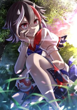 1girl black_hair blue_skirt evening grass grin highres holding_orb horns kakutasu_(akihiron_cactus) komeiji_koishi on_floor orb red_eyes shirt sitting skirt small_horns smile thighs touhou tree under_tree white_shirt yin_yang yin_yang_orb