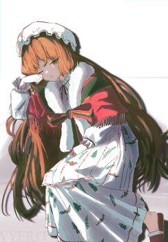 1girl absurdres bow bowtie christmas_nightmare_(e.g.o) christmas_tree_print dress e.g.o_(project_moon) frilled_sleeves frills full_body hat highres holly_print ishmael_(project_moon) limbus_company long_hair looking_at_viewer mob_cap one_eye_closed orange_hair project_moon red_slippers simple_background slippers solo striped_bow striped_bowtie striped_clothes striped_shawl very_long_hair vyfrit white_background white_dress white_hat