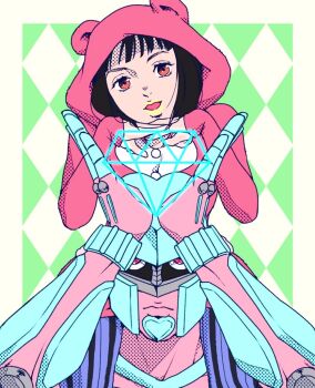 Rule 34 | 1girl, 1other, animal ears, animal hood, argyle background, armor, bear ears, black hair, blue armor, blue hat, colored skin, commentary, commentary request, crazy diamond, diamond (shape), diamond wa kudakenai, fake animal ears, hat, higashikata daiya, hood, hood up, hoodie, jojo no kimyou na bouken, jojolion, kanro ni52, makeup, orange eyes, pants, pink hoodie, pink skin, purple pants, red eyes, sitting on shoulder, stand (jojo), striped clothes, striped pants, vertical-striped clothes, vertical-striped pants