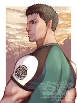 Rule 34 | 1boy, 5tatsu, artist name, beard stubble, black hair, chris redfield, closed mouth, commentary request, facial hair, highres, male focus, muscular, muscular male, orange sky, outdoors, profile, resident evil, resident evil 5, shirt, short hair, short sleeves, sky, solo, stubble, tight clothes, tight shirt, upper body, white background