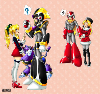 1girl annoyed armor bass_(mega_man) blonde_hair boots breasts capcom coat full_body green_eyes hat helmet high_heels holding_hands kalinka_cossack_(mega_man) long_hair mega_man_(classic) mega_man_(series) non-humanoid_robot open_mouth pantyhose ponytail proto_man red_eyes red_skirt robot robot_animal robot_ears robot_girl roll_(mega_man) scarf skirt smile sunglasses treble_(mega_man)