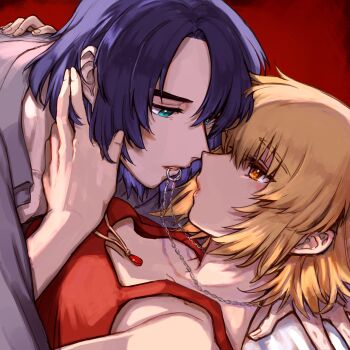 1boy 1girl athrun_zala bare_shoulders blonde_hair blue_eyes blue_hair breasts cagalli_yula_athha cleavage collared_shirt commentary_request couple grey_shirt gundam gundam_seed hair_between_eyes hand_in_another's_hair hetero highres jewelry kimi88407604 light_blush looking_at_another medium_breasts necklace necklace_in_mouth orange_eyes parted_bangs parted_lips red_background red_shirt ring ring_necklace shirt short_hair sleeveless sleeveless_shirt upper_body