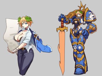 1girl armor bags_under_eyes belt blonde_hair blue_eyes bra breasts choker cigarette cleavage cleavage_cutout clothing_cutout commentary english_commentary exhausted gauntlets genderswap genderswap_(mtf) hand_on_own_hip highres hip_vent holding holding_paper holding_sword holding_weapon jacket jacket_on_shoulders large_breasts laurel_crown multiple_views paper paper_stack partially_open_shirt planted planted_sword planted_weapon podobrick power_armor primarch roboute_guilliman shirt sword underwear warhammer_40k weapon white_shirt