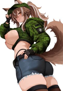 1girl absurdres animal_ears ass baseball_cap belt black_gloves blue_shorts breasts brown_hair brown_thighhighs callisto_(greyeth) camouflage camouflage_jacket closed_mouth commentary commission cowboy_shot cropped_jacket cutoffs denim denim_shorts ears_through_headwear english_commentary fingerless_gloves fox_ears fox_girl fox_tail framed_breasts gloves green_hat green_jacket hand_on_headwear hand_on_own_hip hand_up hat highleg highres hood hood_down jacket large_breasts long_hair long_sleeves looking_at_viewer midriff multicolored_hair nipple_piercing nipples no_bra orange_eyes original panty_straps piercing ponytail second-party_source short_shorts shorts simple_background skindentation smile solo streaked_hair tail tail_raised thighhighs thighs white_background yan_kodiac
