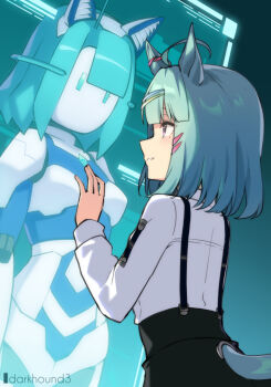 Rule 34 | 2girls, ahoge, animal ears, aqua hair, commentary request, dark hound 3, hair ornament, hairclip, highres, holographic interface, horse ears, horse girl, horse tail, long sleeves, mecha umamusume st-2 (umamusume), medium hair, mole, mole under eye, multiple girls, robot girl, smile, sugar lights (umamusume), suspenders, tail, umamusume