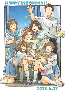 Rule 34 | 1boy, 6+girls, ahoge, black hair, blue eyes, brown hair, confetti, curtains, fluffy hair, fuyuhino, glasses, gotou takuya, grin, group hug, happy, happy birthday, hibike! euphonium, highres, hug, katou hazuki, kawashima sapphire, long hair, medium hair, multiple girls, nagase riko, nakagawa natsuki, oumae kumiko, purple eyes, school uniform, short hair, sitting, smile, spiked hair, tanaka asuka, v, window, yellow eyes