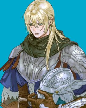 Rule 34 | 1boy, aqua background, armor, blonde hair, blue surcoat, byevess, cape, commentary request, earrings, elden ring, elden ring nightreign, gloves, green eyes, hair between eyes, helmet, holding, holding unworn helmet, jewelry, korean commentary, long hair, scale armor, single earring, solo, unworn headwear, unworn helmet, upper body, winged helmet, wylder (elden ring)