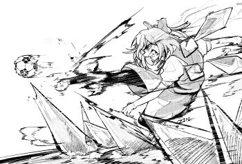 1girl absolutez1ro ball bow cirno full_body hair_bow highres ice ice_wings kicking monochrome motion_blur short_hair shorts soccer soccer_ball soccer_uniform solo sportswear teeth touhou wings