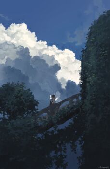 2girls angel_wings black_dress black_hair blue_sky bridge cloud cloudy_sky commentary cumulonimbus_cloud dress english_commentary ghost hehemeii4 highres holding holding_shell multiple_girls nature original outdoors plant railing scenery shell shell_to_ear signature sky sleeveless sleeveless_dress vines white_wings wide_shot wings