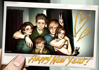 2boys 3girls arm_on_another's_shoulder artist_name che_sue00 chris_redfield claire_redfield commentary english_commentary happy happy_new_year highres jill_valentine leon_s._kennedy multiple_boys multiple_girls new_year photo_(object) pov rebecca_chambers resident_evil signature smile