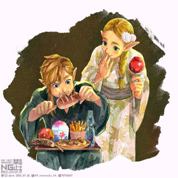 Rule 34 | 1boy, 1girl, alternate costume, blue eyes, braid, brown hair, candy apple, chocolate-covered food, chocolate banana, earrings, eating, english text, food, french fries, fuyumaru mominoki, green eyes, green kimono, highres, japanese clothes, jewelry, kimono, link, nintendo, pointy ears, princess zelda, shaved ice, smile, the legend of zelda, the legend of zelda: breath of the wild, white kimono
