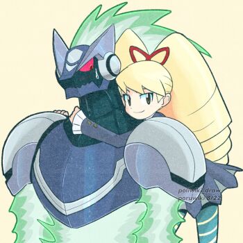 Rule 34 | 1boy, 1girl, artist name, blonde hair, blue dress, blue pantyhose, dress, drill hair, green eyes, highres, hug, hug from behind, long hair, luna platz (mega man), mega man (series), mega man star force (series), omega-xis (mega man), pantyhose, poruwiki, protected link, red eyes, simple background, smile, striped clothes, striped pantyhose, sweatdrop, twin drills, very long hair