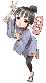 1girl black_eyes black_hair blush fox_shadow_puppet hair_bun hair_ornament hair_stick highres kunoichi_tsubaki_no_mune_no_uchi looking_at_viewer mokuren_(kunoichi_tsubaki_no_mune_no_uchi) short_hair simple_background solo standing standing_on_one_leg tabi white_background yamamoto_souichirou