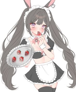 1girl absurdres ahoge animal_ears apron artist_name black_hair black_nails black_shirt black_skirt black_thighhighs blush bow bowtie breasts chocolate cleavage collar commentary cowboy_shot crop_top cropped_shirt detached_collar double-parted_bangs earrings english_commentary fingernails food frilled_apron frilled_shirt frilled_skirt frills fruit hair_intakes hand_up heart heart_earrings highres holding holding_food holding_fruit jewelry loltinami long_hair looking_at_viewer maid maid_headdress medium_breasts miniskirt multicolored_eyes nail_polish pink_bow pink_bowtie pink_eyes purple_eyes rabbit_ears self-portrait shirt short_sleeves simple_background single_earring skirt solo standing strawberry thighhighs tray twintails two-tone_eyes vdonburi very_long_hair virtual_youtuber waist_apron white_apron white_background white_collar wing_collar zettai_ryouiki