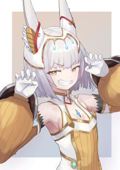 Rule 34 | 1girl, animal ears, bare shoulders, bodysuit, border, breasts, cat ears, cat girl, chest jewel, claw pose, commentary request, facial mark, grey background, grey hair, highres, nia (xenoblade), short hair, small breasts, smirk, solo, upper body, ushigoro, white border, xenoblade chronicles (series), xenoblade chronicles 3, yellow bodysuit
