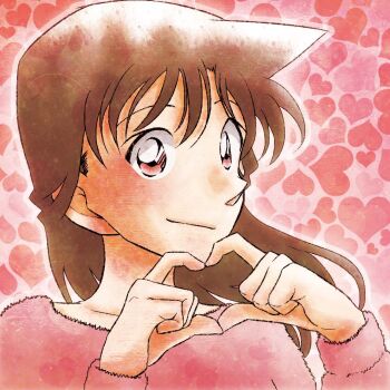 Rule 34 | 1girl, black hair, closed mouth, commentary request, floating hair, heart, heart background, heart hands, highres, long hair, looking at viewer, looking to the side, meitantei conan, mouri ran, pink background, pink sweater, pink theme, ponblue, portrait, solo, sweater