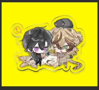 Rule 34 | 2boys, animal, animal on head, black border, black hair, blonde hair, border, brown hair, cat, chibi, chibi only, collared shirt, earrings, green eyes, hair between eyes, jacket, jewelry, leopard, long sleeves, male focus, multicolored hair, multiple boys, musical note, on head, one eye closed, open clothes, original, panties, pants, purple eyes, qyzhiaiyisheng, shirt, short hair, smile, speech bubble, spoken musical note, streaked hair, striped clothes, striped panties, tail, underwear, virtual youtuber, yellow background