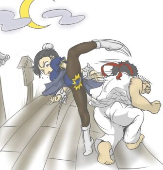 1boy 1girl barefoot capcom chinese_clothes chun-li cunt_punt dougi fighting hair_buns headband kicking mudadamuda one_leg_raised open_mouth punching ryu_(street_fighter) standing standing_on_one_leg street_fighter
