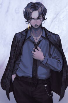 1boy absurdres black_hair black_jacket black_necktie black_pants bracelet commentary_request cross doloyume earrings face_piercing formal_clothes grey_eyes grey_shirt hand_in_pocket highres jacket jacket_on_shoulders jewelry latin_cross lip_piercing lips looking_at_viewer male_focus necklace necktie original pants piercing ring shirt short_hair single_earring solo suit tattoo