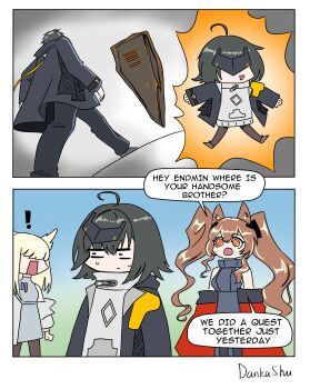 Rule 34 | !, 1boy, 3girls, absurdres, angelina (arknights), animal ear fluff, animal ears, arknights, arknights: endfield, bird ears, bird girl, black dress, black hair, black jacket, black pants, black pantyhose, black shorts, brown hair, commentary, dankashu, dress, endministrator (arknights), english commentary, eye mask, female endministrator (arknights), fox ears, fox girl, genderswap, genderswap (mtf), gilberta (arknights), highres, jacket, long hair, male endministrator (arknights), mask, multiple girls, nervous sweating, open mouth, pants, pantyhose, perlica (arknights), red eyes, red jacket, short hair, shorts, sleeveless, sleeveless dress, sweat, sweater, twintails, white jacket, white sweater