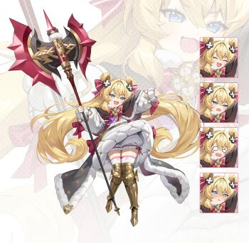 Rule 34 | 1girl, :d, absurdres, ahoge, armored boots, axe, battle axe, belt, blonde hair, bloomers, blue eyes, boots, border, bow, cape, cape clasp, closed eyes, coat, commentary, cross hair ornament, crying, d:, dithered background, dot nose, double-parted bangs, expression chart, fluffy hair, fur-trimmed cape, fur trim, hair between eyes, hair bow, hair ornament, hair rings, highres, holding, holding weapon, huge weapon, long eyelashes, long hair, long sidelocks, obu (da1103ll), open mouth, original, outstretched hand, pink border, pink pupils, puffy coat, puffy wrist cuffs, shiny skin, sidelocks, smile, solid circle eyes, solo, tassel, thighhighs, twintails, underwear, very long hair, wavy mouth, weapon, winter clothes, winter coat, zoom layer