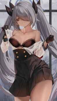 1girl absurdres black_bra black_gloves black_skirt blue_archive bra collarbone dark-skinned_female dark_skin gloves grey_hair hair_over_one_eye halo high-waist_skirt highres iori_(blue_archive) lace lace-trimmed_bra lace_trim long_hair looking_at_viewer lyre_(otsulyre) open_clothes open_shirt pointy_ears purple_halo shirt shirt_tucked_in skirt solo underwear white_shirt