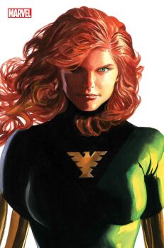 1girl alex_ross aqua_eyes bodysuit character_logo comic_cover company_name cover cover_page elbow_gloves floating_hair gloves gold_gloves green_bodysuit highres jean_grey long_hair looking_at_viewer marvel official_art one_eye_in_shadow orange_hair phoenix_(x-men) realistic side_part solo superhero_costume third-party_source upper_body western_comics_(style) white_background x-men