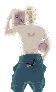 1boy black_jacket black_pants blonde_hair box character_print clothes_around_waist cloud_strife commentary_request cowboy_shot delivery final_fantasy final_fantasy_vii final_fantasy_vii:_advent_children fragile_symbol from_behind hand_on_own_hip highres holding holding_box jacket jacket_around_waist male_focus merchandise mixmomo_yah over_shoulder pants print_shirt shirt short_hair short_sleeves solo spiked_hair standing tifa_lockhart white_background white_shirt