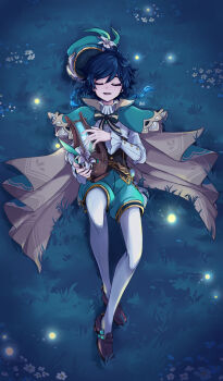 1boy androgynous beret black_hair blue_hair bow braid cape closed_eyes fireflies flower genshin_impact gradient_hair grass hat highres inimoose instrument long_sleeves lying lyre male_focus multicolored_hair on_back on_grass pantyhose puffy_shorts shirt shoes shorts side_braids smile solo twin_braids venti_(genshin_impact) white_flower white_pantyhose white_shirt