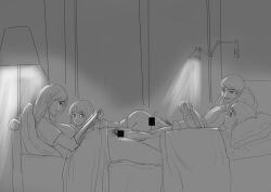 2boys 2girls absurdres bed casual_sex censored family father_and_daughter father_and_son fixzhuzhu highres incest lamp monochrome mother_and_daughter mother_and_son multiple_boys multiple_girls penis pubic_hair reading