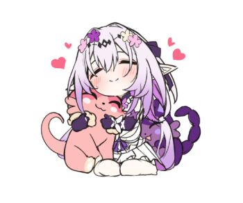1girl castorice_(honkai:_star_rail) chibi chimera_(honkai:_star_rail) closed_eyes commentary cuddling dress flower hair_flower hair_ornament heart honkai:_star_rail honkai_(series) light_blush nidaime_(doronbo) pointy_ears purple_hair ribbon smile symbol-only_commentary tiara white_dress