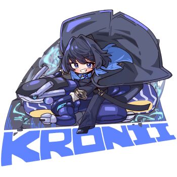 1girl absurdres akira_slide black_coat black_hair blue_eyes blue_hair blue_necktie blue_pants blue_shirt character_name chibi coat commentary crossover deformed drifting driving english_commentary from_above full_body gloves grin hair_intakes highres hololive hololive_english jadea5124 jellyfish_cut looking_at_viewer miraidon multicolored_hair necktie nintendo official_alternate_costume official_alternate_hairstyle open_clothes open_coat ouro_kronii ouro_kronii_(4th_costume) pants pokemon pokemon_(creature) riding shirt sitting_on_pokemon smile solo two-tone_hair virtual_youtuber white_gloves