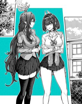 2girls absurdres alternate_costume alternate_universe armband breasts cleavage clothes_around_waist collared_shirt commentary crossed_arms english_commentary genshin_impact highres holding holding_notebook holding_pen horns jewelry large_breasts lauma_(genshin_impact) long_hair long_sleeves looking_at_another multiple_girls necklace nefer_(genshin_impact) notebook parted_lips pen pointy_ears school_uniform shirt short_hair skirt soukakute standing thighhighs thighs very_long_hair zettai_ryouiki