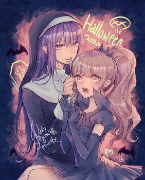 Rule 34 | 1boy, 1girl, 2020, bat (animal), black dress, black gloves, coffin, cross, cross necklace, dress, fujisaki nagihiko, gloves, halloween, high ponytail, jewelry, light brown hair, long hair, looking at viewer, mashiro rima, necklace, nun, ponytail, purple hair, shugo chara!, traditional nun, trap, waka ryou, yellow eyes