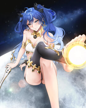 1girl ahoge armlet bare_shoulders barefoot bikini black_bikini black_thighhighs blue_eyes blue_hair blush breasts cleavage closed_mouth commentary cosplay earrings fate/grand_order fate_(series) feet foot_out_of_frame gradient_hair highres hoop_earrings ishtar_(fate) ishtar_(fate)_(cosplay) iuno_(wuthering_waves) jewelry long_hair looking_at_viewer medium_breasts mismatched_bikini moon multicolored_hair noir_(4chan) orb single_thighhigh sitting smile solo space stirrup_legwear streaked_hair swimsuit thighhighs thighs toeless_legwear toes twintails very_long_hair white_bikini wuthering_waves