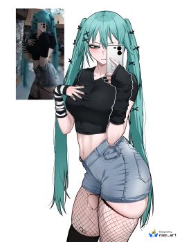 1girl absurdres aqua_eyes aqua_hair ass black_nails black_shirt blue_shorts commentary denim denim_shorts english_commentary fishnets hatsune_miku highres long_hair mirror_selfie nail_polish navel nisp_art photo-referenced photo_inset reference_inset selfie shirt shorts simple_background solo thighs twintails vocaloid white_background