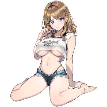 barefoot bikini breasts brown_hair closed_mouth crop_top denim denim_shorts dolphin_wave game_cg highres large_breasts looking_at_viewer medium_hair non-web_source official_alternate_costume official_art ootomo_takuji open_fly purple_eyes see-through_clothes see-through_shirt shirt shorts sitting smile suminoe_shion swimsuit thong_bikini transparent_background underboob wariza wavy_hair