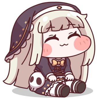 1girl :3 black_coif black_dress black_veil blush_stickers chibi closed_eyes commentary_request dress grey_hair kaniman_(kaniman_jp) long_hair meme simple_background sitting skull smile solo speaki_(trickcal) speakiposting_(meme) trickcal veil white_background