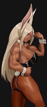 1girl animal_ears arm_up ass bare_shoulders biceps black_background black_leotard boku_no_hero_academia breasts cessa clenched_hands commentary commission dark-skinned_female dark_skin detached_collar english_commentary flexing from_side grin hand_on_own_hip highleg highleg_leotard large_breasts leotard long_eyelashes long_hair looking_at_viewer mirko muscular muscular_female parted_bangs playboy_bunny rabbit_ears rabbit_girl rabbit_tail red_eyes smile solo strapless strapless_leotard tail thighs white_hair wrist_cuffs
