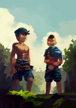 2boys male_focus multiple_boys nature nipples original outdoors ryou_hiryuu shorts sky standing toned toned_male topless_male