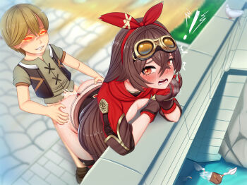 1boy 1girl absurdres age_difference amber_(genshin_impact) ass ass_grab bent_over bird blue_eyes blush breasts bridge brown_hair cleavage closed_eyes clothed_sex cropped_jacket crying crying_with_eyes_open cum cum_in_pussy doggystyle duck flaming_eyes g-string genshin_impact gloves goggles goggles_on_head hetero highres jacket light_brown_hair long_hair long_sleeves onee-shota outdoors perdia pervert red_eyes red_jacket red_ribbon ribbon sex sex_from_behind shirt short_sleeves shota smile standing sweatdrop tears thong timmie_(genshin_impact) water
