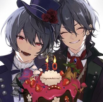 2boys ascot bad_food black_ascot black_hair blue_bow blue_hat bow brothers cake candle closed_eyes commentary congratulations earrings ensemble_stars! fangs fleur-de-lis flower food fruit gem hair_between_eyes hat highres jewelry lace lace-trimmed_ascot lapel_pin lapels light_blush male_focus medium_hair mini_hat multiple_boys mushroom necktie open_mouth red_eyes red_necktie rose sakuma_rei_(ensemble_stars!) sakuma_ritsu shokupan_119 short_hair siblings simple_background smile strawberry stud_earrings upper_body wavy_hair white_background