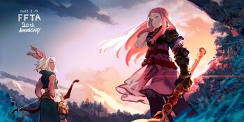 2girls animal_ears armor bow_(weapon) breasts burari dark-skinned_female dark_skin dated dress final_fantasy final_fantasy_tactics_advance gloves hair_ornament hairclip highres long_hair medium_breasts multiple_girls pink_hair rabbit_ears ritz_malheur shara skirt thighhighs viera weapon white_hair