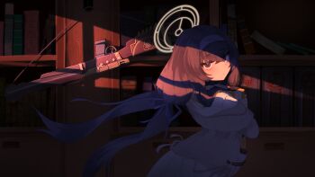 1girl absurdres bags_under_eyes black_hair blue_archive bolt_action book bookshelf brown_halo cardigan closed_mouth commentary crossed_bangs dark de_lisle_carbine gun hair_between_eyes hair_ribbon hairband halo highres holding holding_book hugging_book hugging_object indoors long_hair looking_at_viewer looking_back low_twintails purple_eyes purple_hairband purple_ribbon ribbon rifle sailor_collar school_uniform serafuku shadow solo suppressor suwa_(au_swap) twintails ui_(blue_archive) weapon white_sailor_collar white_serafuku