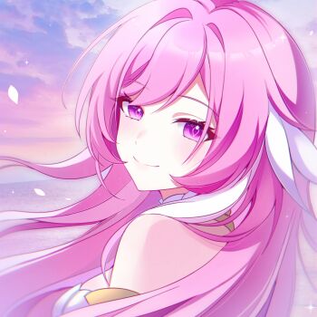 1girl bare_shoulders breasts diamond-shaped_pupils diamond_(shape) elysia_(herrscher_of_human:_ego)_(honkai_impact) elysia_(honkai_impact) highres honkai_(series) honkai_impact_3rd large_breasts long_hair looking_at_viewer multicolored_hair pink_hair purple_eyes purple_sky sky smile solo su_jiujiu symbol-shaped_pupils two-tone_hair upper_body very_long_hair white_hair