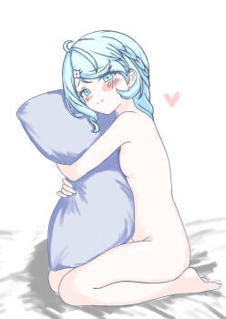 1girl bed blue_eyes blue_hair blush braid breasts commentary_request completely_nude hair_ornament heart highres hugging_object jihadan long_hair looking_at_viewer nude on_bed pillow pillow_hug seed_(zenless_zone_zero) seiza simple_background sitting small_breasts smile solo white_background zenless_zone_zero