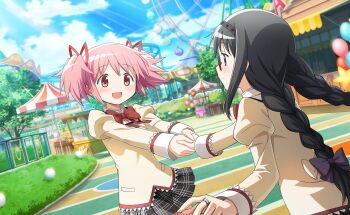 2girls akemi_homura amusement_park anime_coloring artist_request back_bow balloon black_hair black_skirt bow bowtie braid bush carousel closed_mouth collared_shirt commentary cowboy_shot day dot_nose eye_contact face-to-face ferris_wheel floating_clothes floating_hair food_stand from_behind game_cg glasses grey_hairband hair_bow hair_ribbon hairband happy high_collar highres holding_hands juliet_sleeves kaname_madoka lace lace-trimmed_shirt lace-trimmed_sleeves lace_trim layered_shirt light_blush light_smile long_hair long_sleeves looking_at_another low_twin_braids mahou_shoujo_madoka_magica mahou_shoujo_madoka_magica:_hangyaku_no_monogatari mahou_shoujo_madoka_magica_magia_exedra miniskirt multiple_girls official_art open_mouth outdoors pink_eyes pink_hair plaid_clothes plaid_skirt pleated_skirt pocket pointy_nose puffy_sleeves purple_bow purple_eyes red-framed_eyewear red_bow red_bowtie red_ribbon ribbon roller_coaster shirt short_hair short_twintails skirt sleeve_cuffs smile spinning star_balloon studded_hairband tareme third-party_source twin_braids twintails very_long_hair yellow_bow yellow_shirt